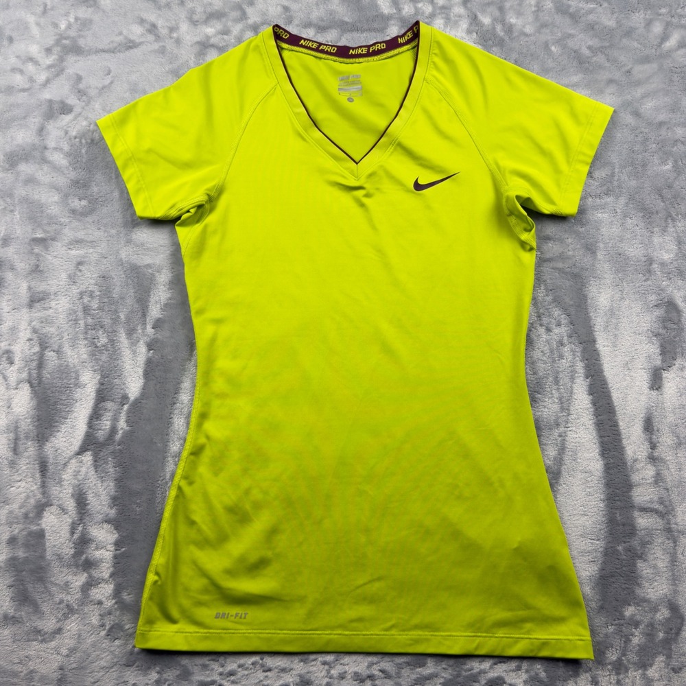 Nike Pro Dri-FIT Womens V-Neck Short Sleeve Training Shirt Neon Lime Green Small